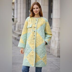 🧵 HANDMADE Quilted Patchwork Long Quilt Coat in Mint & Pale Yellow